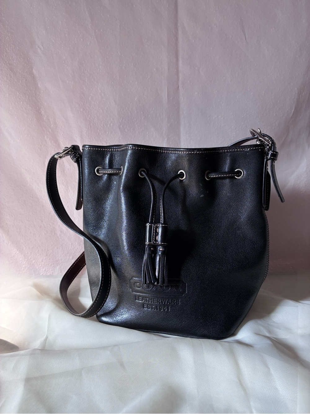 Vintage Coach Black Leather Drawstring Bucket Shoulder Bag